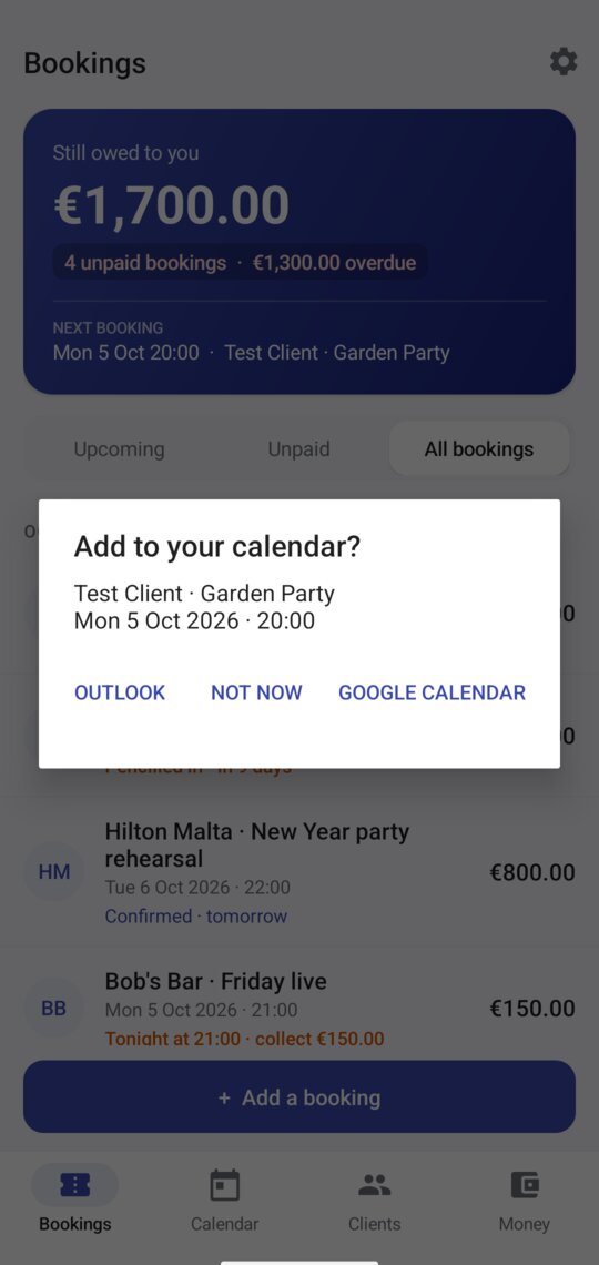 Prompt to add a new booking to Google Calendar or Outlook