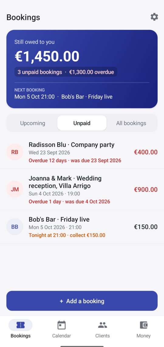ShowFee home screen showing money still owed and unpaid bookings